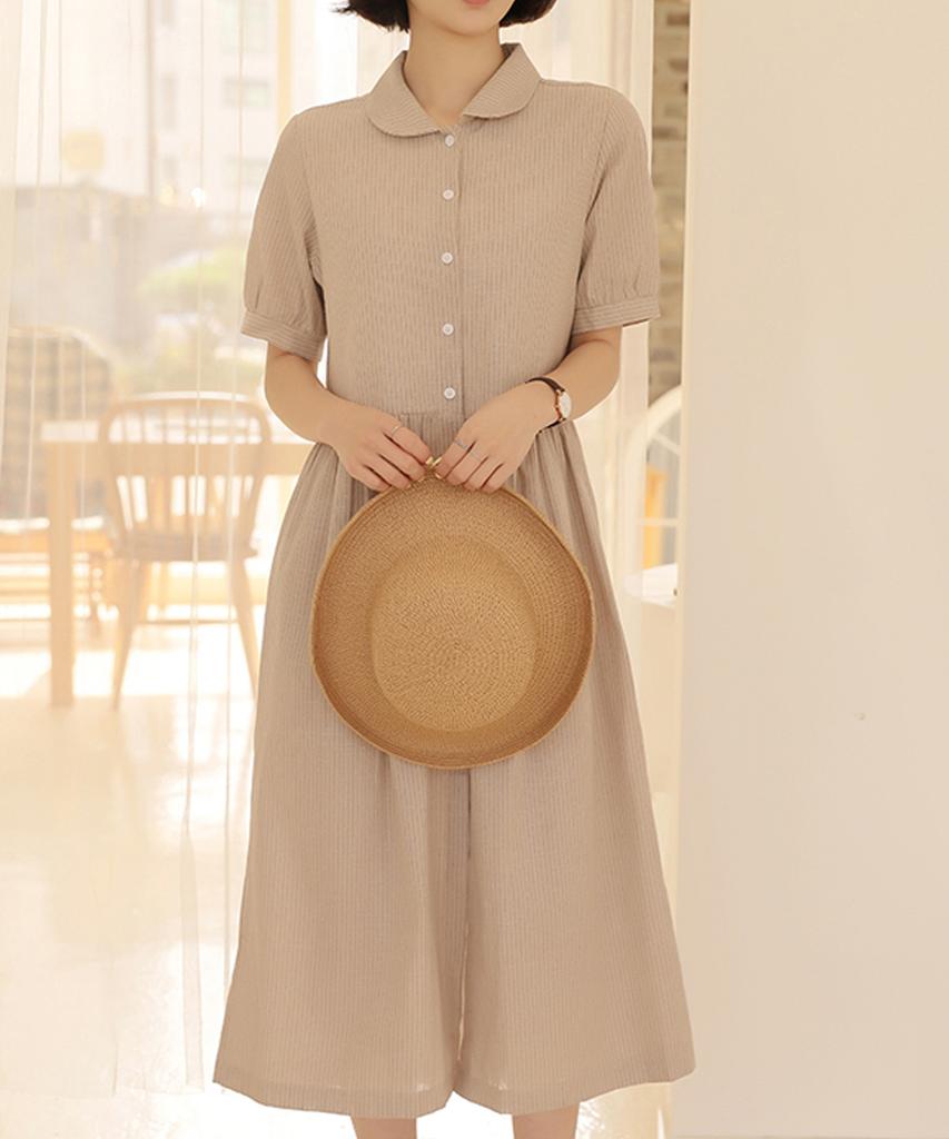 Ppaeppae Striped Collared Linen Long Dress