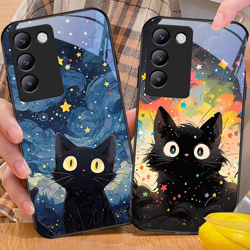 Niedliche kleine Katze für Y72 33S 11 03 36 96 Lite 35 16 Iqoo 12 V40 SE 5G 29 40 21 30 X80 Pro Vivo Handyhülle aus gehärtetem Glas Schwarz