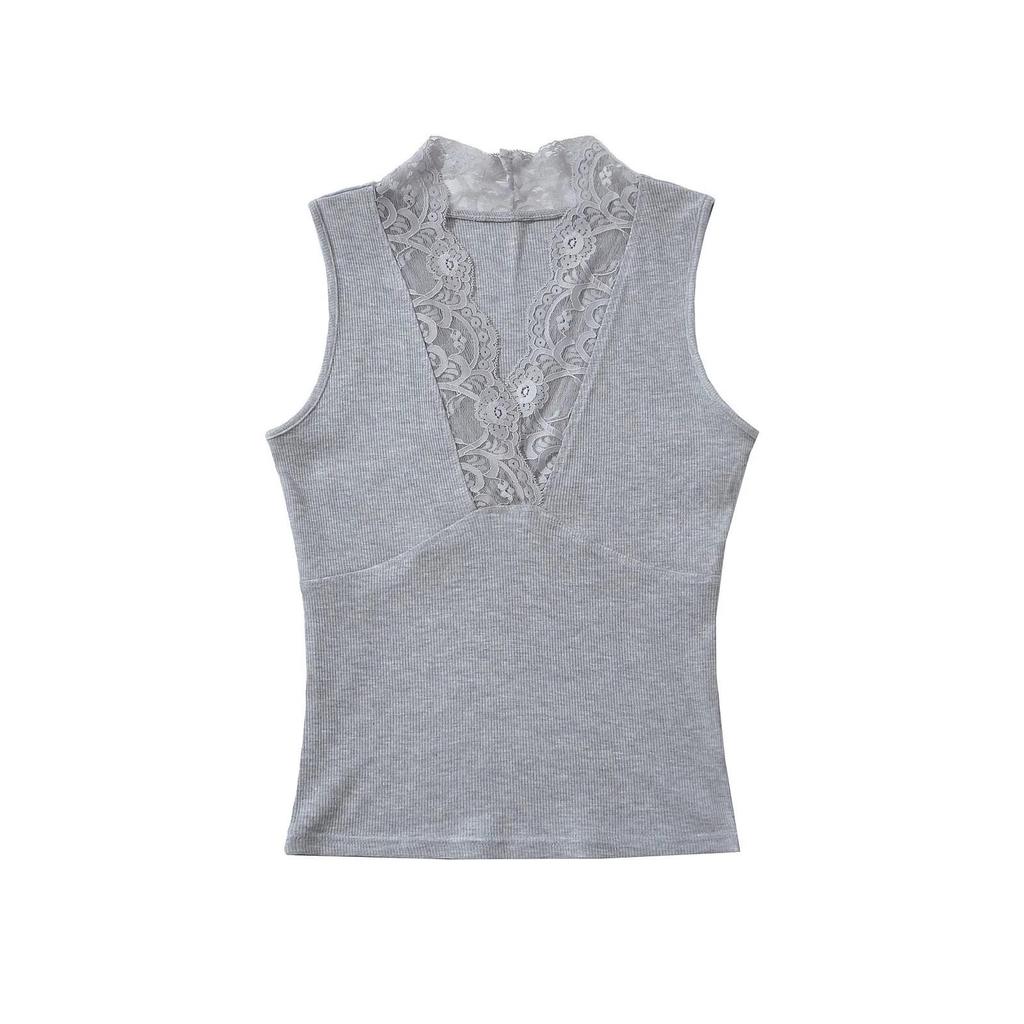 Lace V-Neck Ribbed Cotton Camisole: High-Elastic Slimming Tank for Spring/Summer 2025