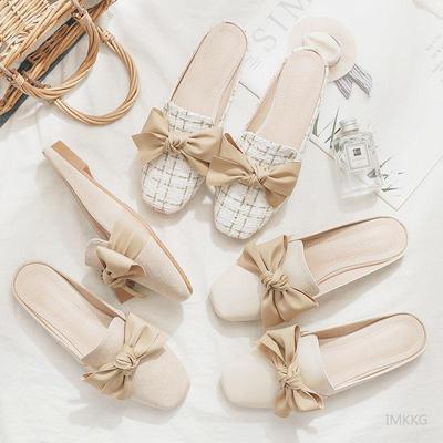 Ciabatte da donna Pantofole da donna estive con punta chiusa Bowtie Diapositive pigre Pantofole da ragazza con tacco piatto Infradito coreano da esterno
