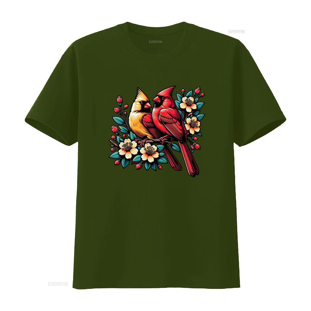 Adorable Red Cardinal Pair on Blooming Branch Spring Lovers T Shirt vintage Washed Comfortable designer clothes Slightly