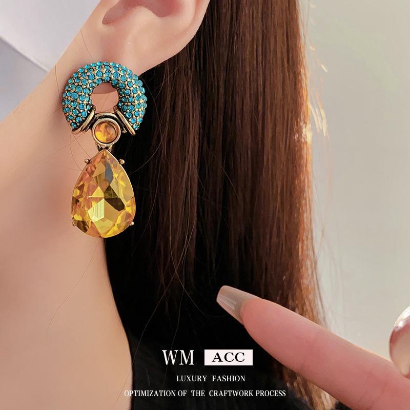 Vintage Silver Needle Diamond Circle & Water Drop Earrings – Retro Style