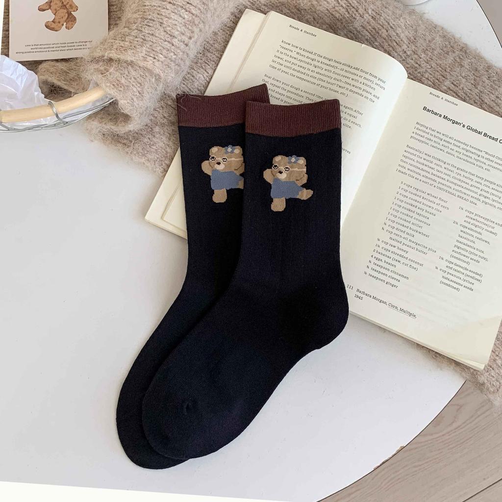 Polka Dot Striped Cartoon Bear Cloth Label Socks Internet Celebrity Maillard Coffee Color Double Mouth Contrasting Color Medium Tube Stacking Socks