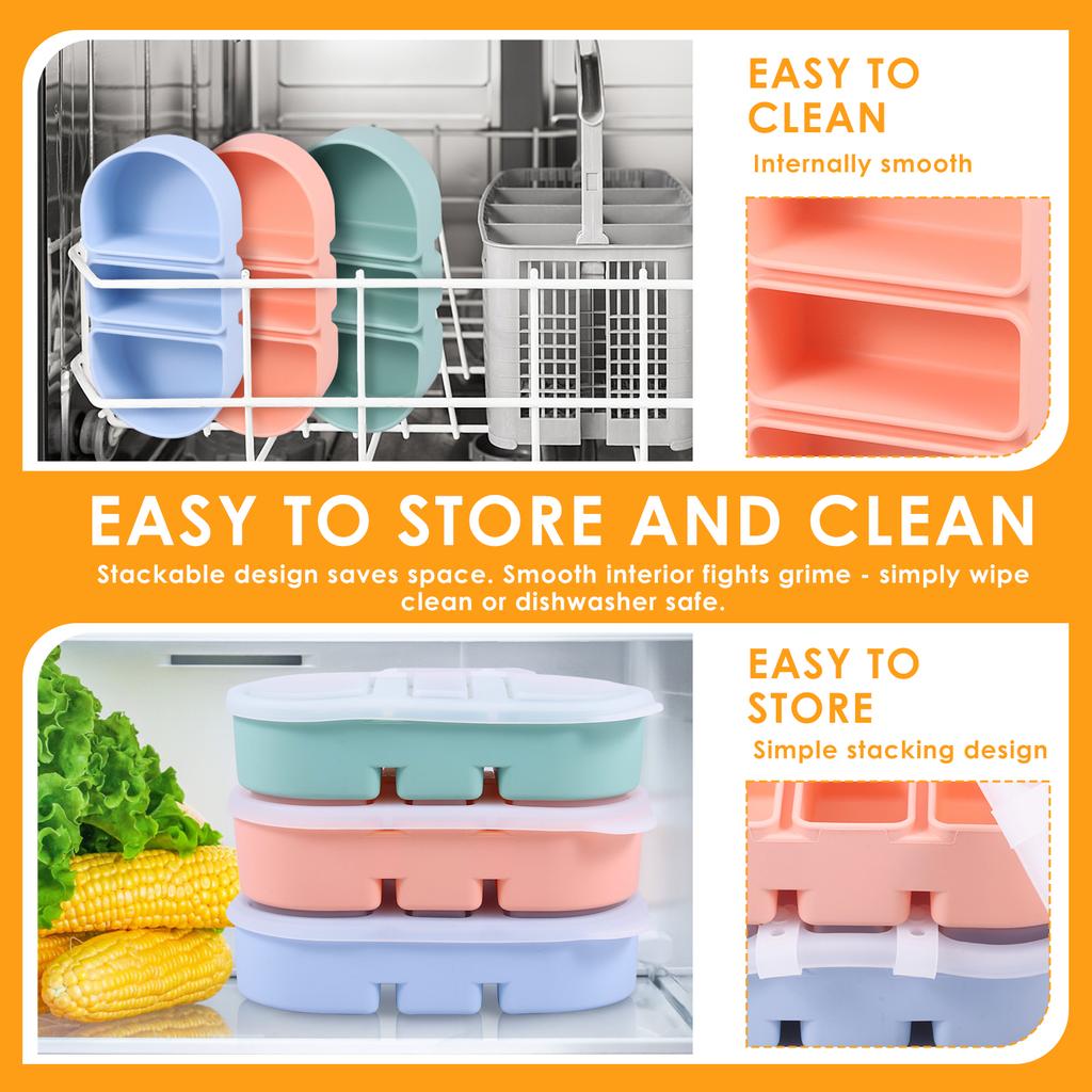 3 Pcs Silicone Snack Container 3 Compartments Reusable Salad Dressing Container with Clear Lid for Office Picnic Camping