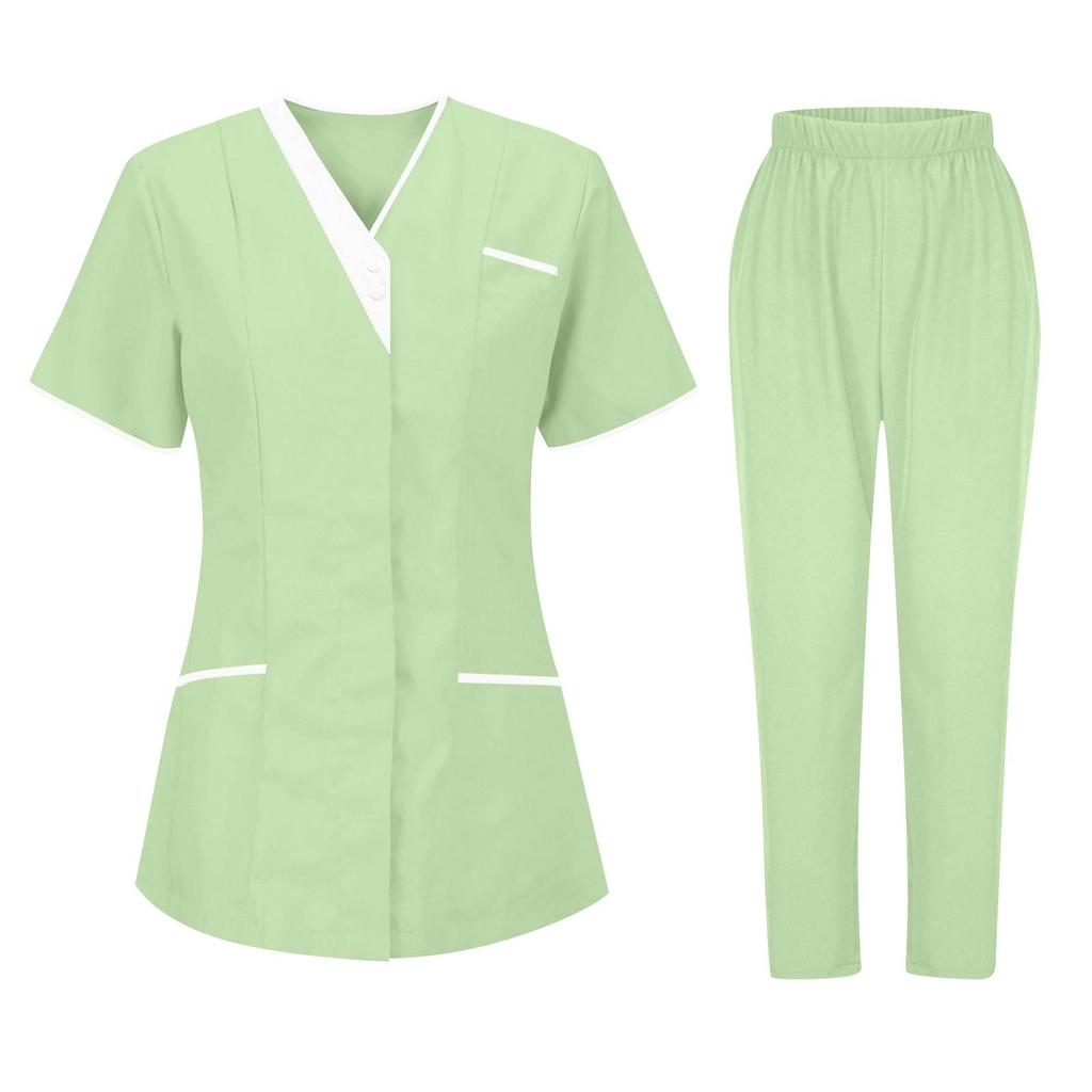 Women's Fashion Solid Short Sleeve V Neck Pattern Tops Pocket Working Set