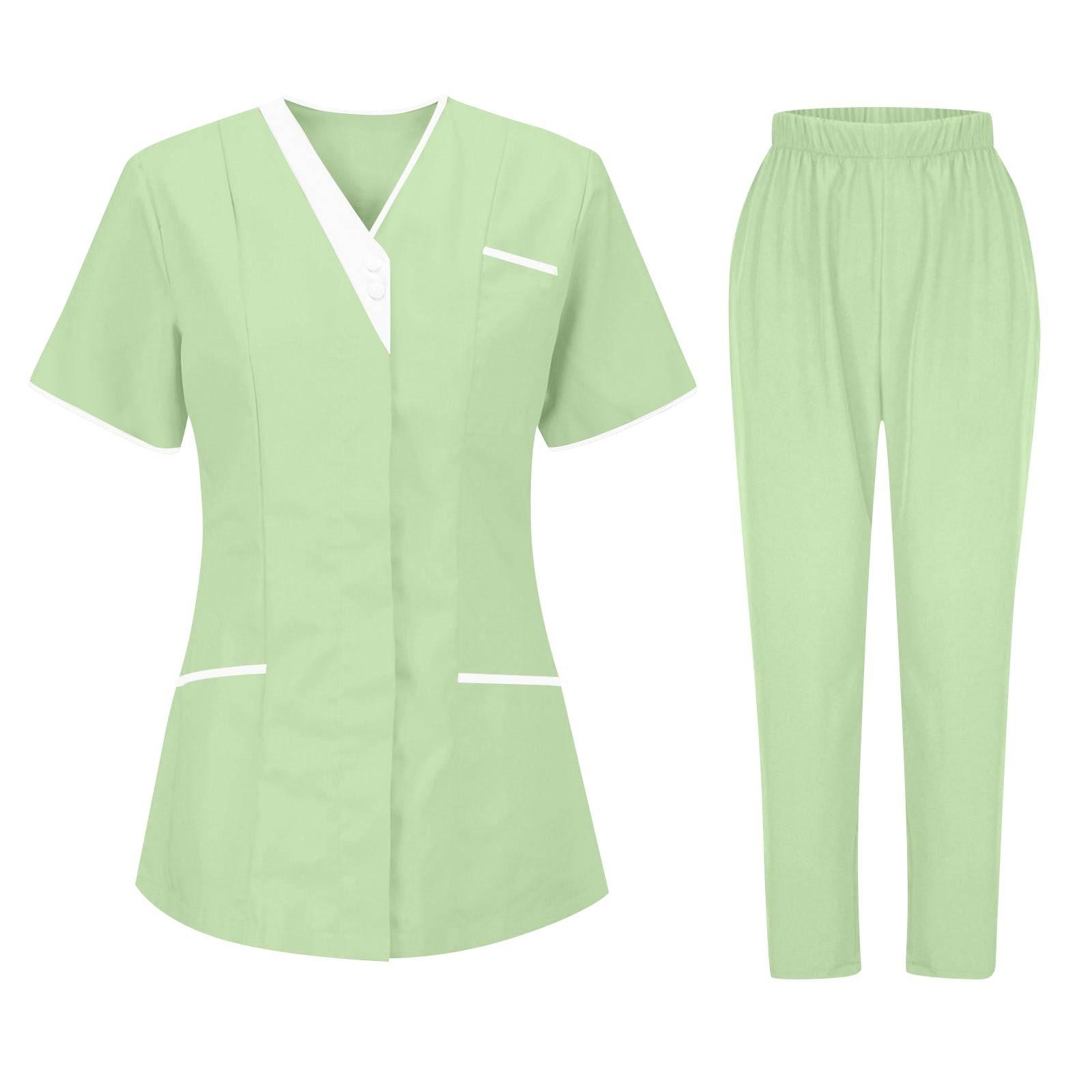 

Женский модный однотонный короткий рукав V-образный вырез узор топы карман рабочий комплект XXL зелёный