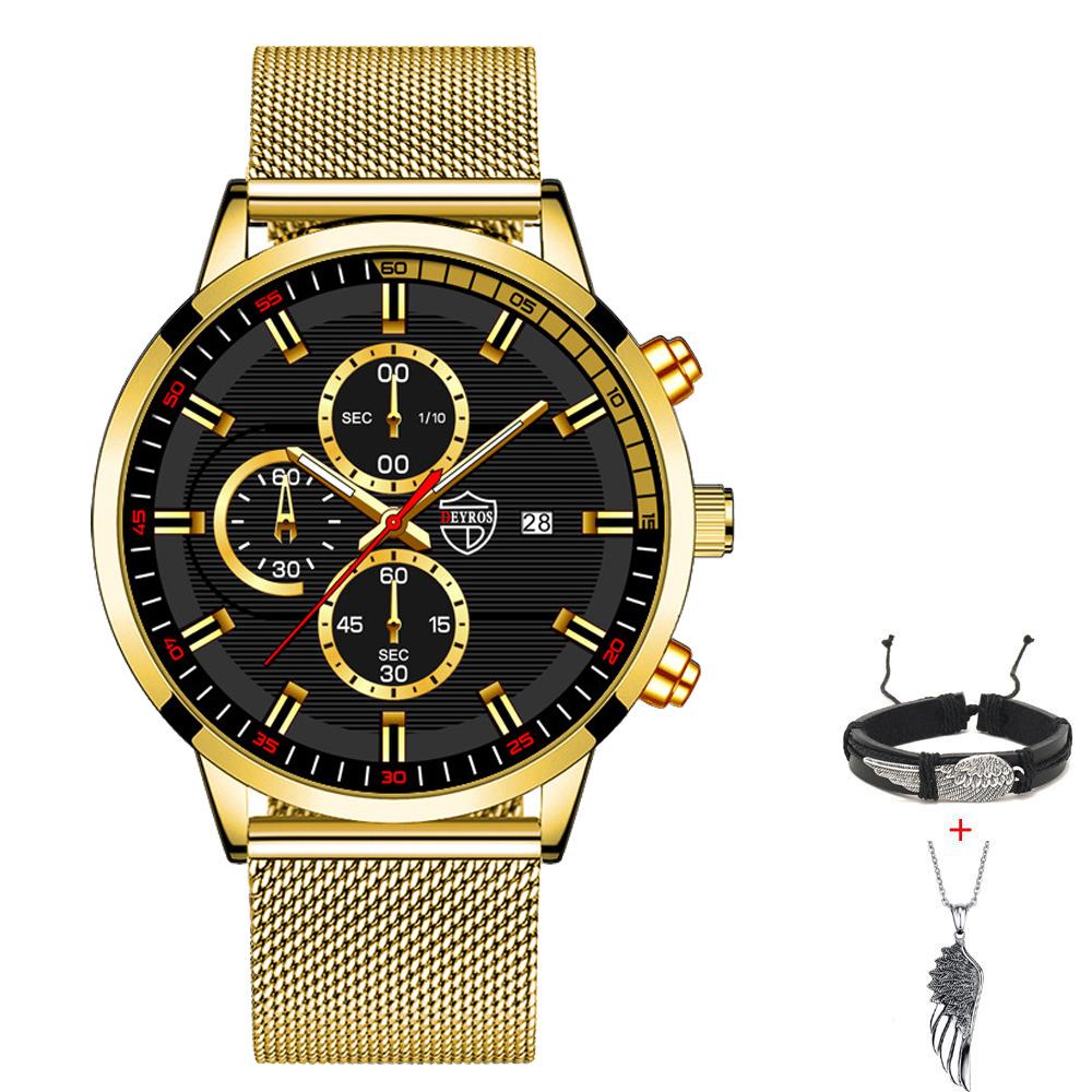 Fashion Men's Casual Watch Man Stainless Steel Mesh Band Wristwatch Mens Calendar Quartz Watches Bracelet Neckalce Set Date Clocki