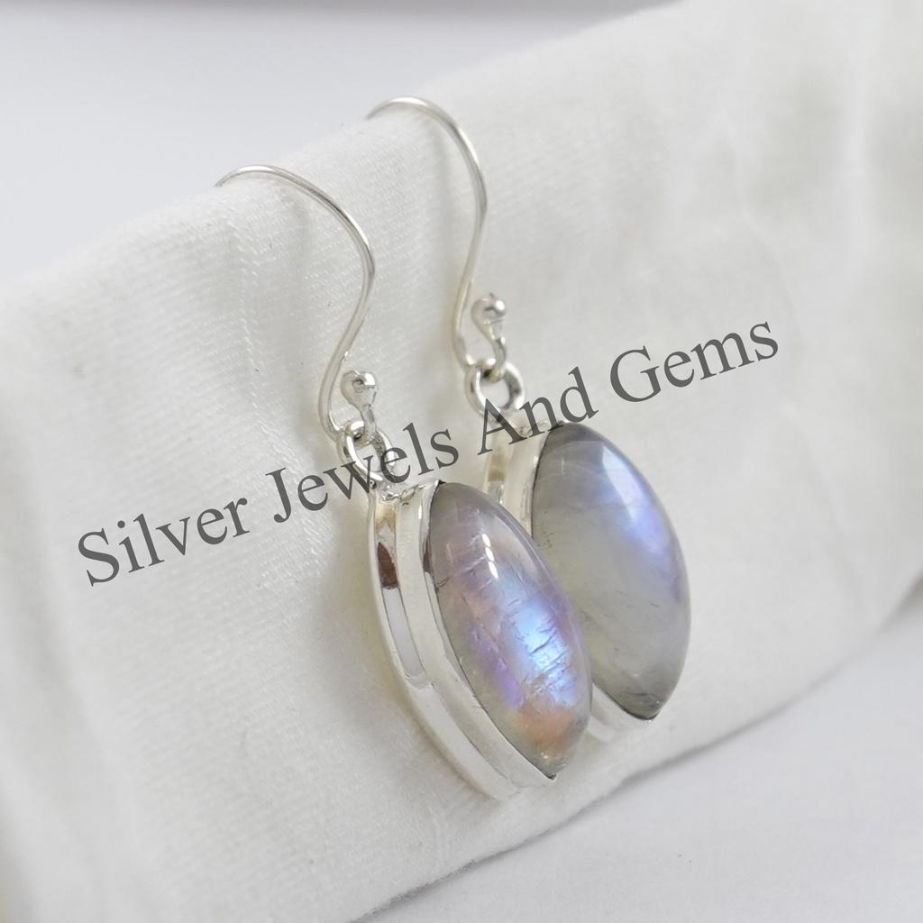 Natural Moonstone Earrings: Handmade 925 Sterling Silver Marquise Dangle
