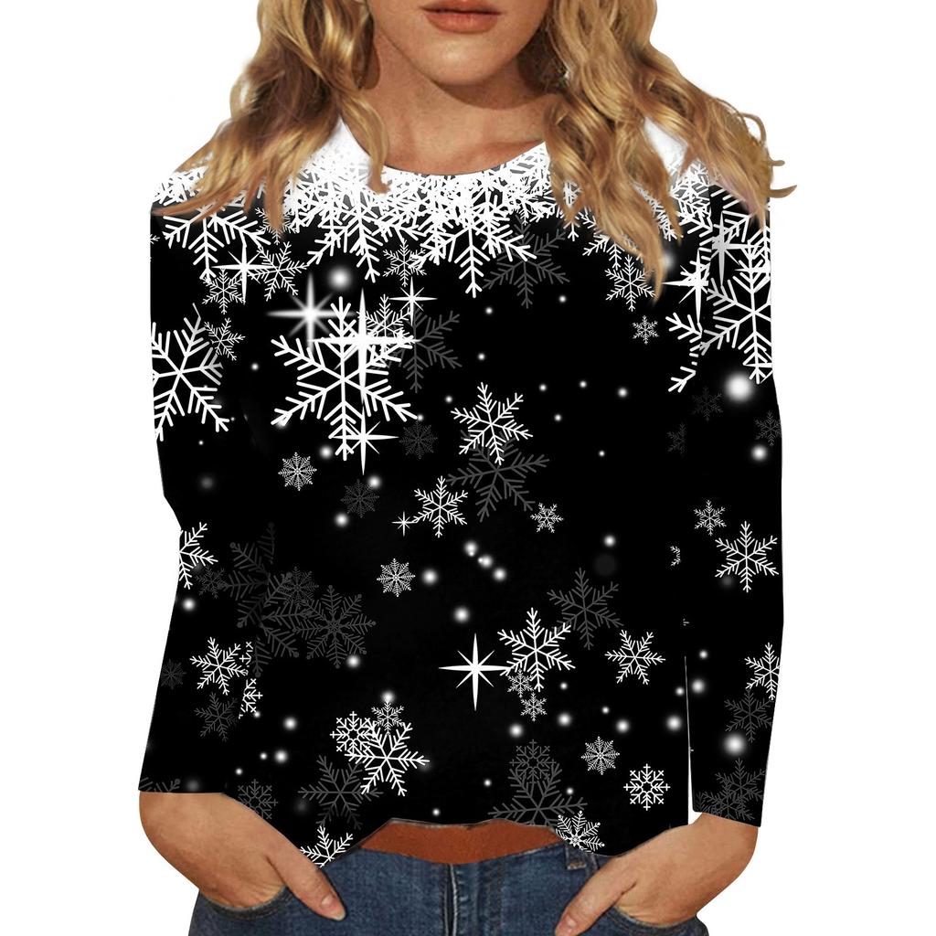 Women's Fashion Casual Long Sleeve Christmas Print Round Neck Pullover Top Blouse