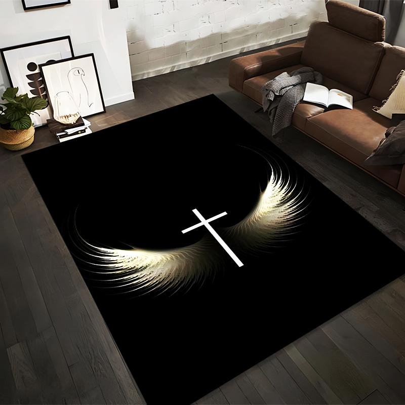 Angel Wings with Cross Design Rug Non-slip Rug Suitable for Living Room and Bedroom Sofas.