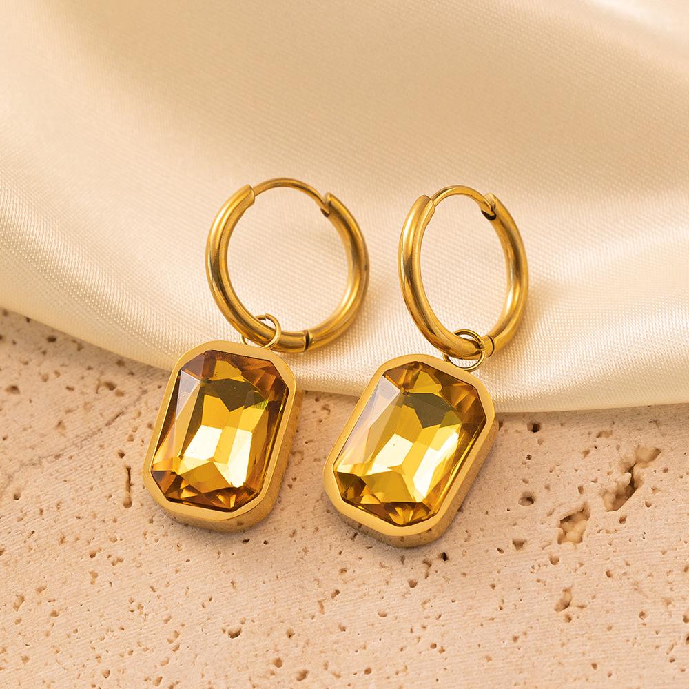 Fashion new niche micro-set earrings, titanium steel plated with 18K gold corner-cut rectangular zircon pendant earrings for women