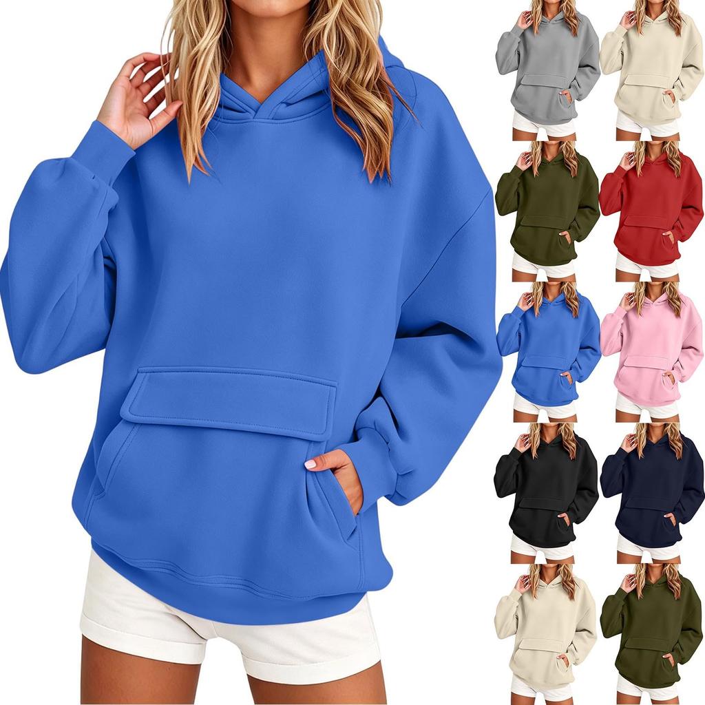 Damen Langarm Hoodie Pullover mit Taschen Farbe Lässiges Oberteil