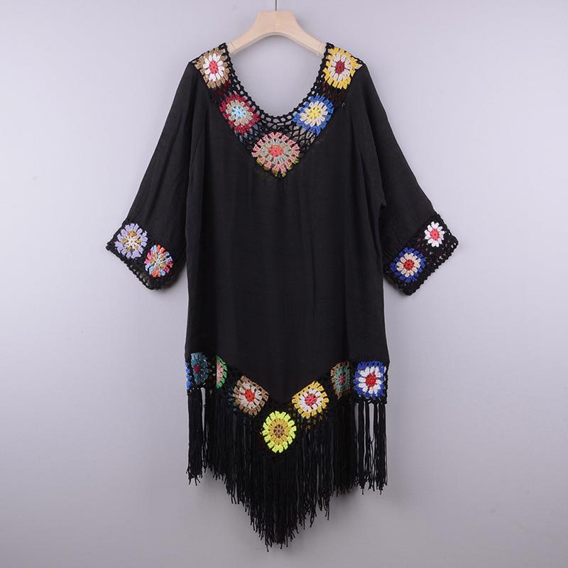 Off-the-shoulder Three-quarter Sleeve Hook Flower Stitching Irregular Tassel Beach Sun-proof Blouse Ethnic Style Dress