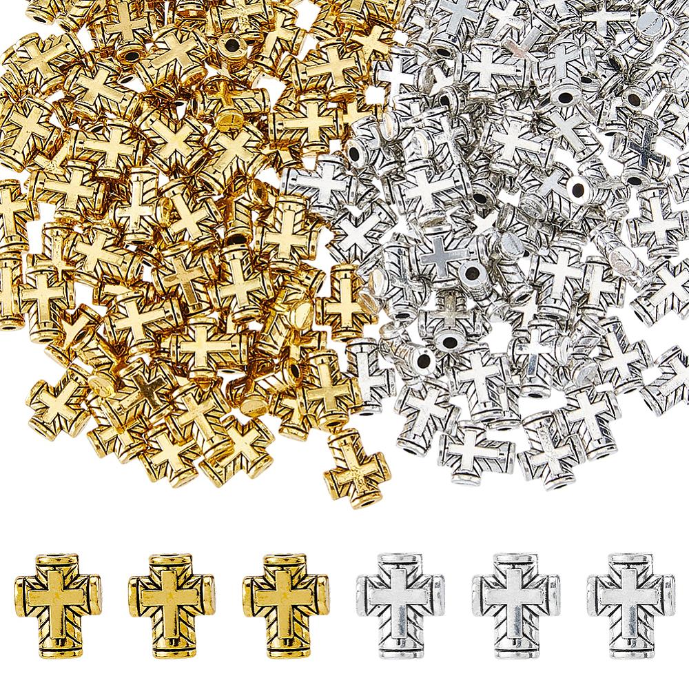 1set 160pcs 2 colors style Alloy Beads Cross Cadmium Free & Lead Free Antique Silver & Antique Golden 10x8.5x3mm Hole: 1.8mm about 80pcs/color