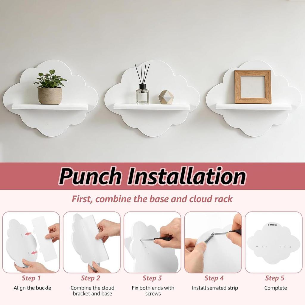 Cute Wall Shelf 3 Pieces Floating Storage Display Cloud-Shaped Aesthetic Room Decor Shelves for Kid's Room Nursery Kitchen