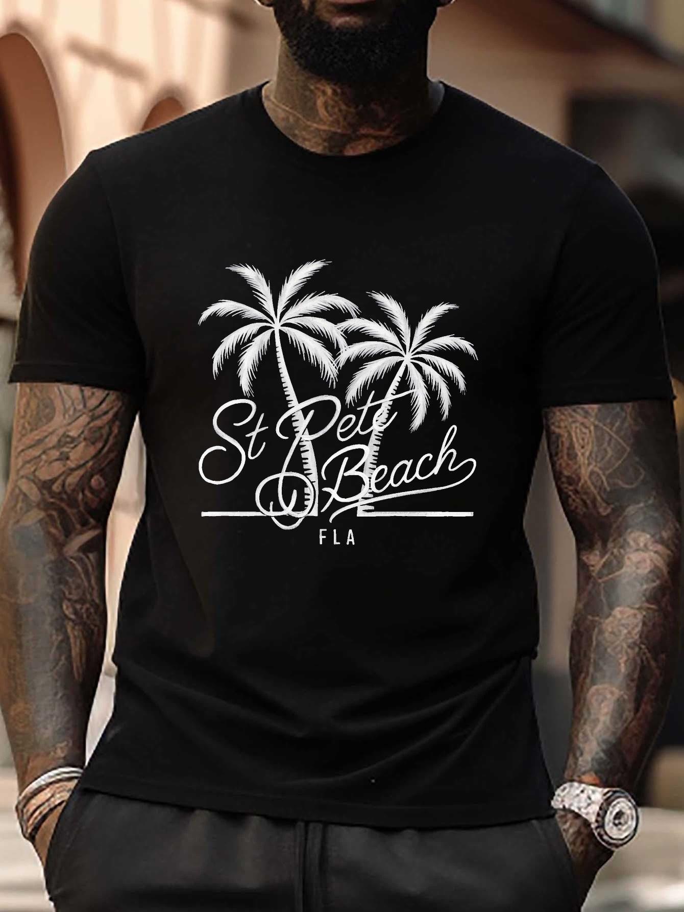 Plus Size St. Pete Beach Palm Tree Graphic T-shirt - Casual Black Tee with White Palm Design XXXL