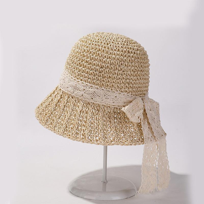 

Lace Tie Bow Straw Hat Women Round Top Wide Brim Sun Hat Summer Sunscreen Hat
