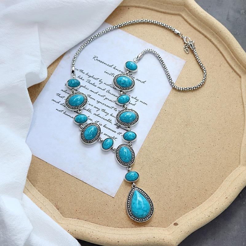Retro long turquoise necklace women's personality exaggerated temperament sweater chain Tibetan versatile hanging jewelry