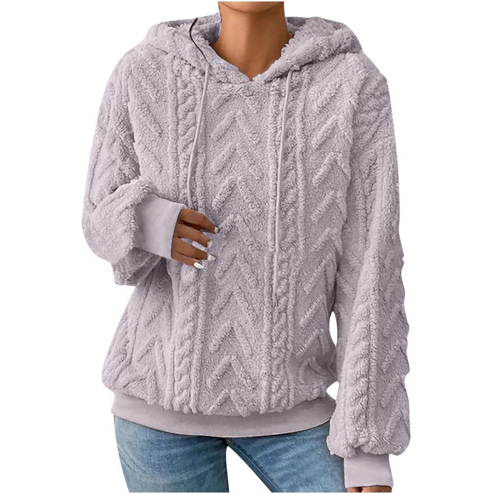 Felpa con cappuccio in pile accogliente da donna, calda, larga, maniche lunghe, tinta unita grigio, pullover casual, pullover invernale casual con cappuccio