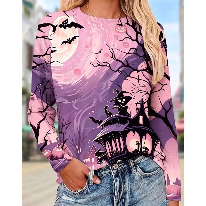 Autumn and Winter Ladies Halloween 3D Printed Crew Neck Long Sleeve T-Shirt