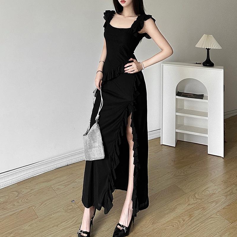 2026 European and American style eBay autumn and winter new sexy fashion backless suspender medium and long split dress