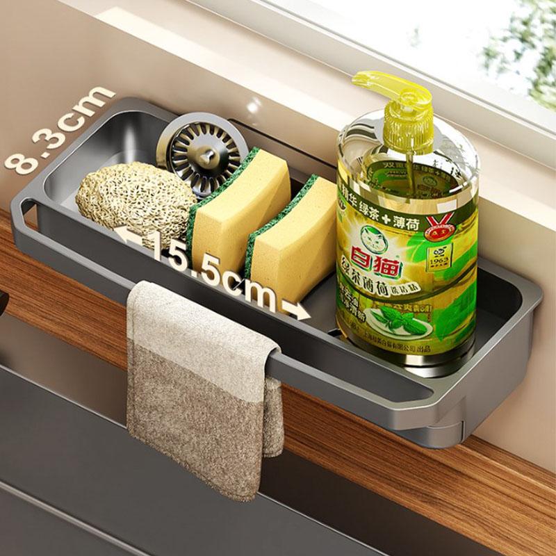 Kitchen Faucet Storage Rack Adjustable Hole-free Drain Rack With Drain Tray Sink Rack Wall-mounted Sponge Storage Shelf