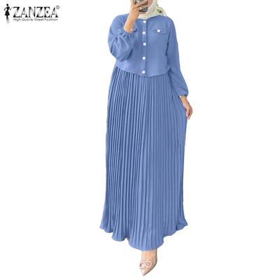 Women Casual Round Neck Loose Long Sleeve Pleated Long Dress