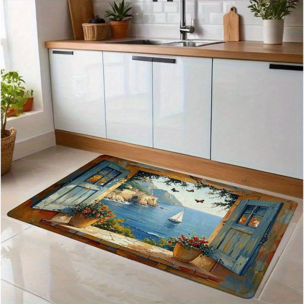 Mediterranean Ocean View Art Printed Door Mat Non-Slip Soft Floor Rug for Entryway Living Room Bedroom Home Decorative Carpet