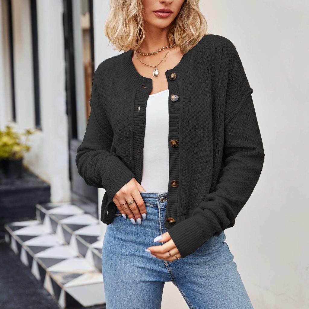 Damski modny kardigan z długim rękawem w jednolitym kolorze, zapinany na guziki, sweter-płaszcz z długim rękawem