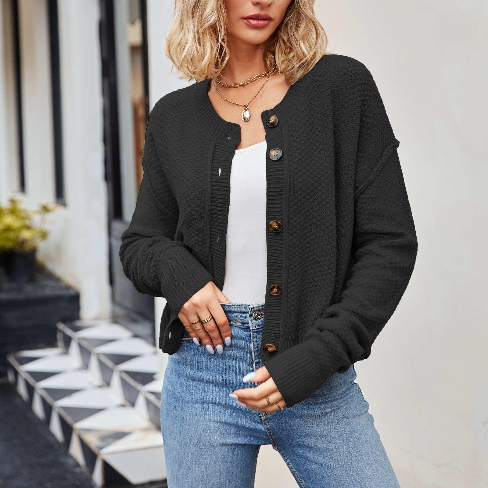 

Women s Fashion Long-Sleeved Solid Color Cardigan Button-Down Long-Sleeved Sweater Coat XL чорний