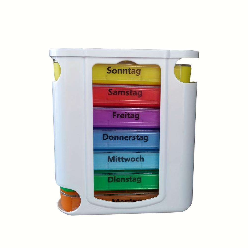 

German printing Weekly Pill Organizer, 7 Stackable Compartments Four Times-a-Day - Morning, Noon, Evening, and Bedtime