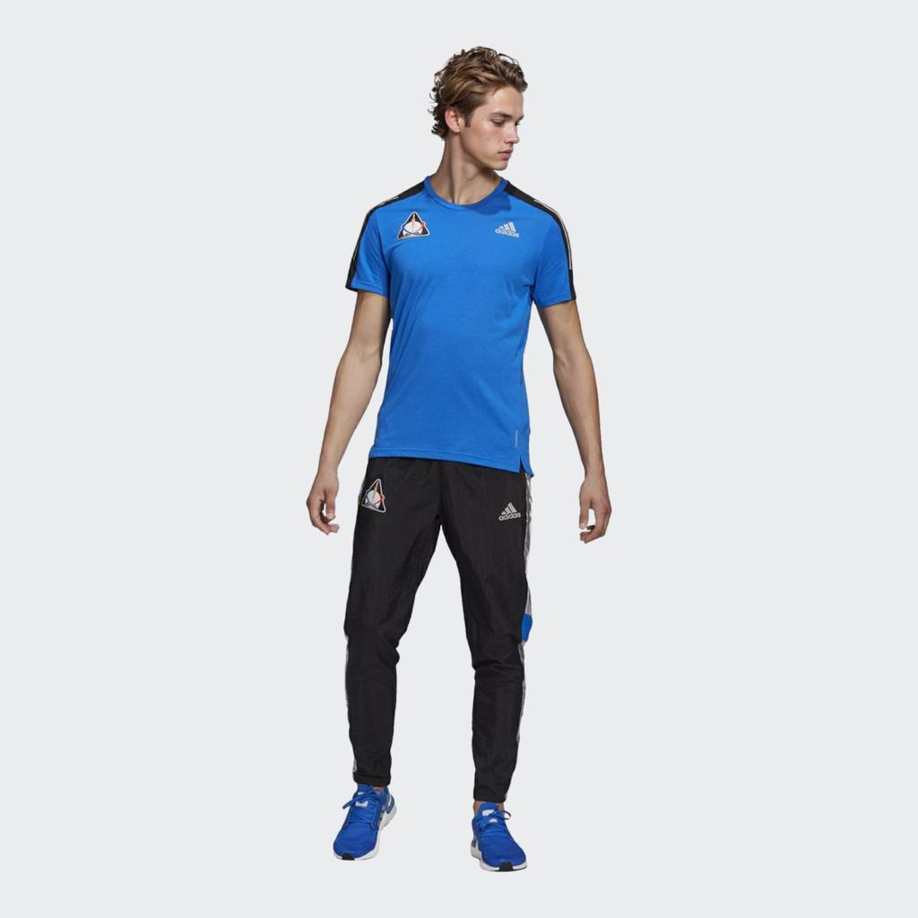 Adidas Logo Print Contrast Shoulder Crew Neck T-Shirt Men Tops Blue GP5804