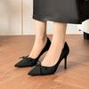 Bow Single Shoes Women's High-end Sense, French Suede Pointed High Heels Women's Thin Heels Are Not Tired