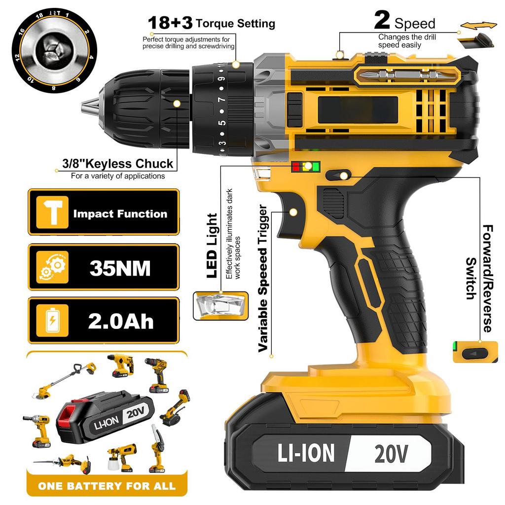 20V Keyless Chuck Electric Screwdriver Set Cordless Impact Drill Variable Speed Max Drilling 30mm Battery