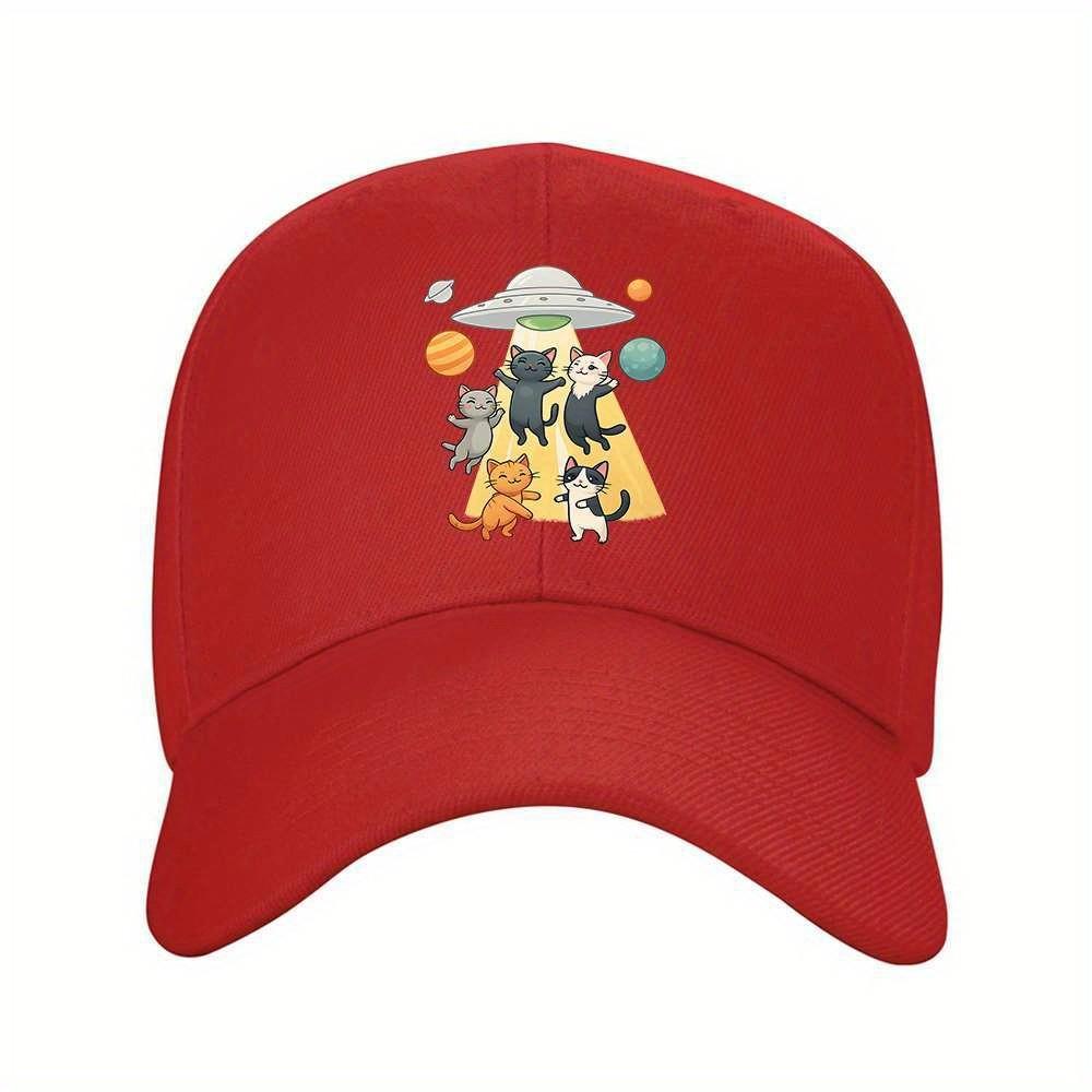 Funny Cat UFO Baseball Cap Aliens Graphic Adjustable Outdoor Sun Hat One Size