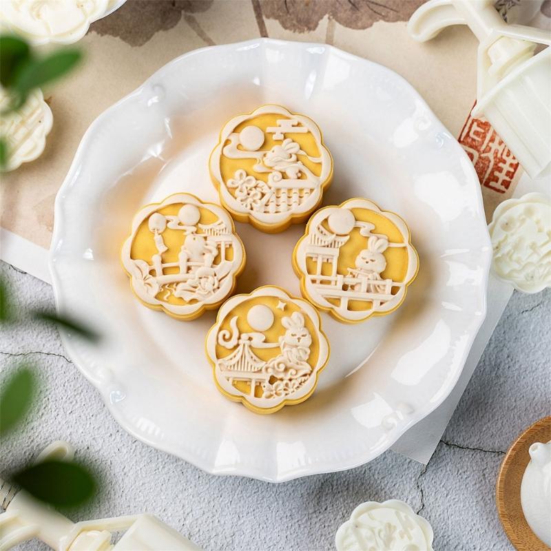 Plastic Moon Cake Molds Set 4 Stamps 3D Rabbit Pattern Cookie Stamps Pastry Hand Press Tool for Baking Enthusiasts