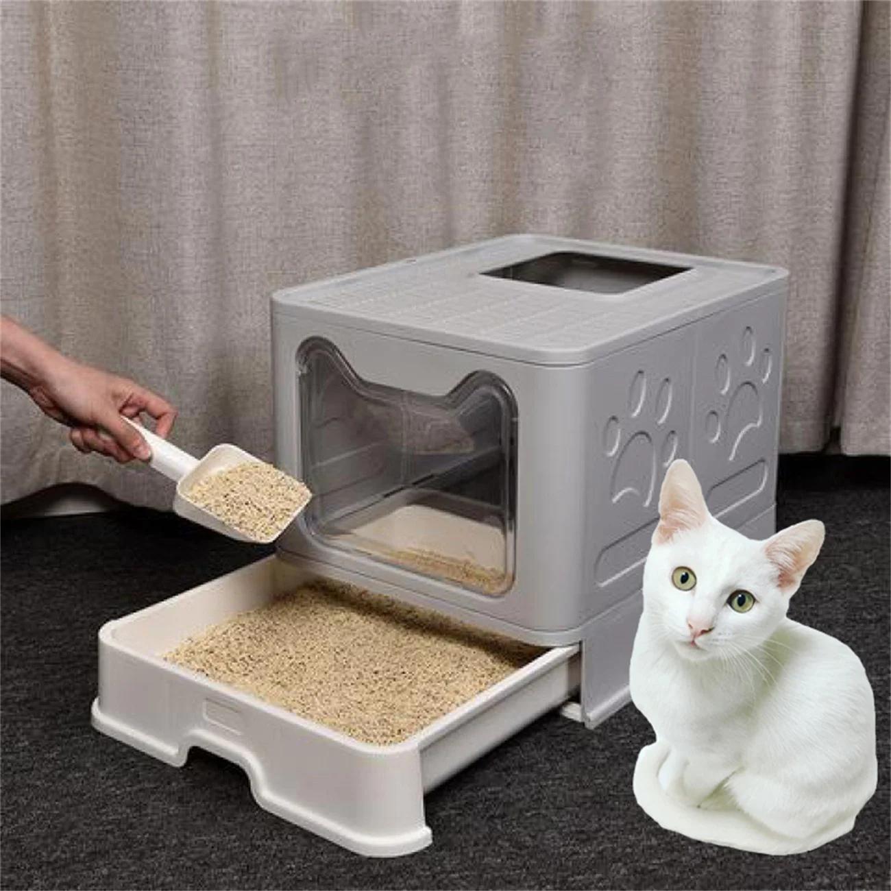 

Bingopaw XXL Large Space Foldable Cat Litter Box with Front Entry & Top Exit with Tray серый