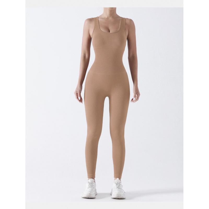 Seamless Ribbed Knit Jumpsuit with Chest Pad for Yoga and Fitness
