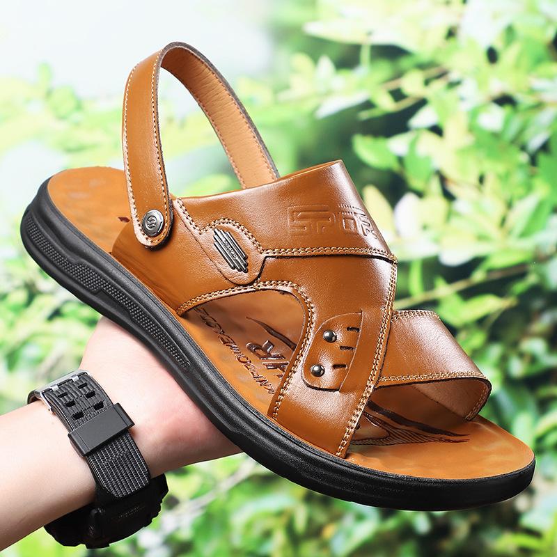 

25 Summer breathable leather sandals men s soft-soled waterproof and wear-resistant slippers comfortable outer wear beach shoes 2025 direct sales 44 коричневый