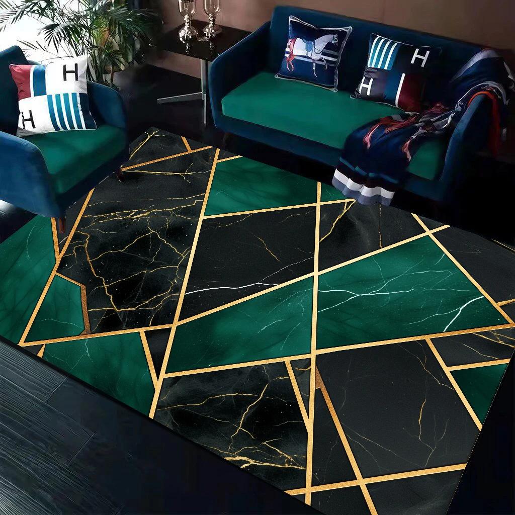Dark Green Geometry Carpet Living Room Sofa Table Side Rug Golden Line Bedroom Decoration Rugs Parlor Study Decor Mat Non Slip