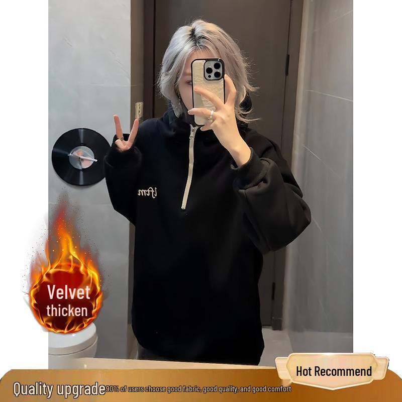 Velvet-Lined Hooded Sweatshirt: Spring/Autumn, Embroidered Lettering, Color Block, Loose Fit for Couples M