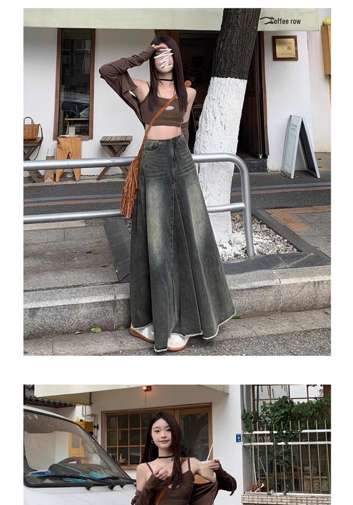 Plus Size Retro American-Style A-line Denim Skirt with Frayed Hem, High Waist, and Slimming Fishtail Design