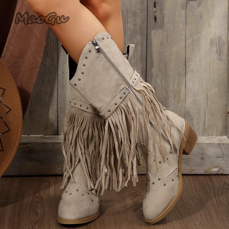 Fashion Autumn Winter Women Fringes Thick Mid Heel Boots Suede Pointed Toe Outdoor Fashion Cowboy Mid-Calf Boots Botas Para Mujer Size43