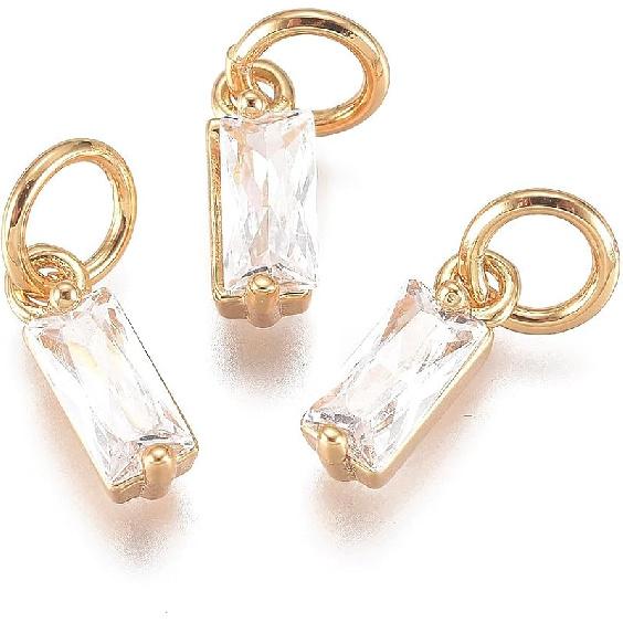 Pandahall 12Pcs 18K Gold Plated Rectangle Charms Cubic Zirconia Birthstone Charms Brass Crystal CZ Stone Pendants with Jump Ring for Jewelry Making