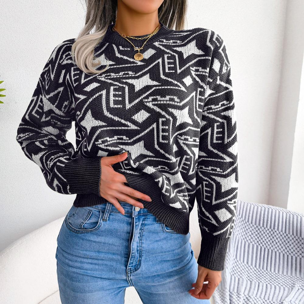 Autumn and Winter Contrasting Color Star Long-sleeved Casual Knitted Sweater