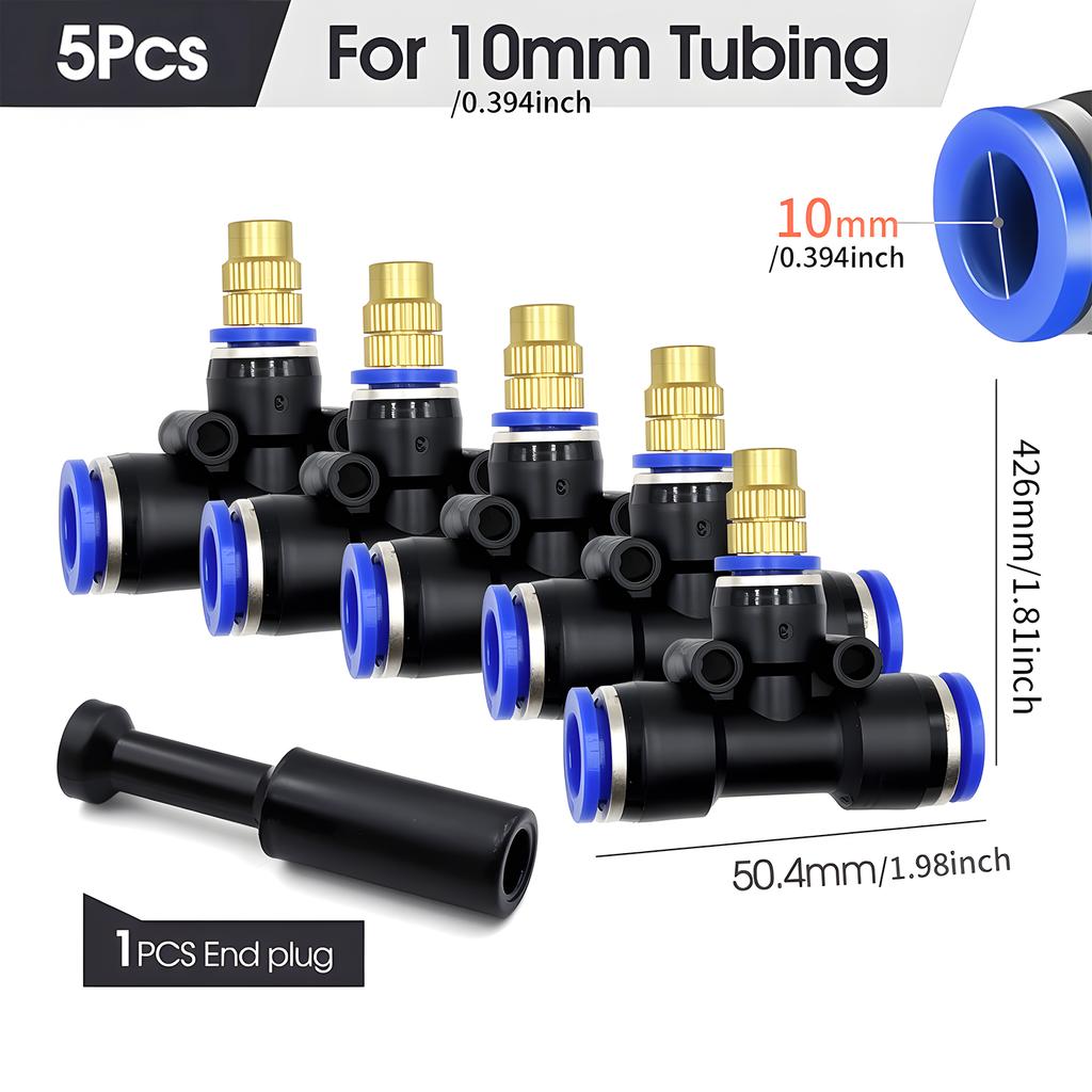 Brass Misting Nozzle with Tee Adapter Adjustable Atomizer Sprayer Outdoor Garden Irrigation Watering 6/8/10/12/14/16mm PE Tubing