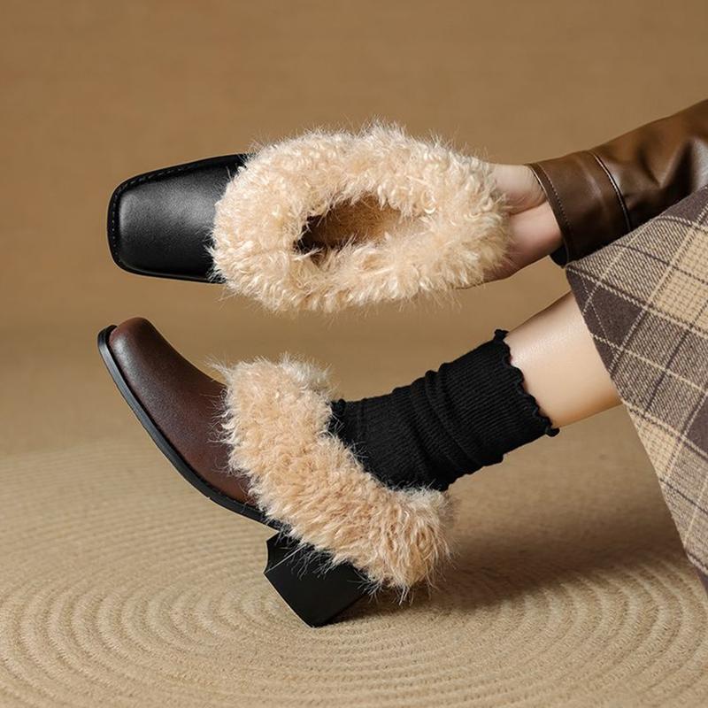 Fashion NEW Winter Women Pumps Square Toe Chunky Heel Shoes Split Leather Shoes for Women Slip-on Modern Shoes Elegant Plush Women Pumps