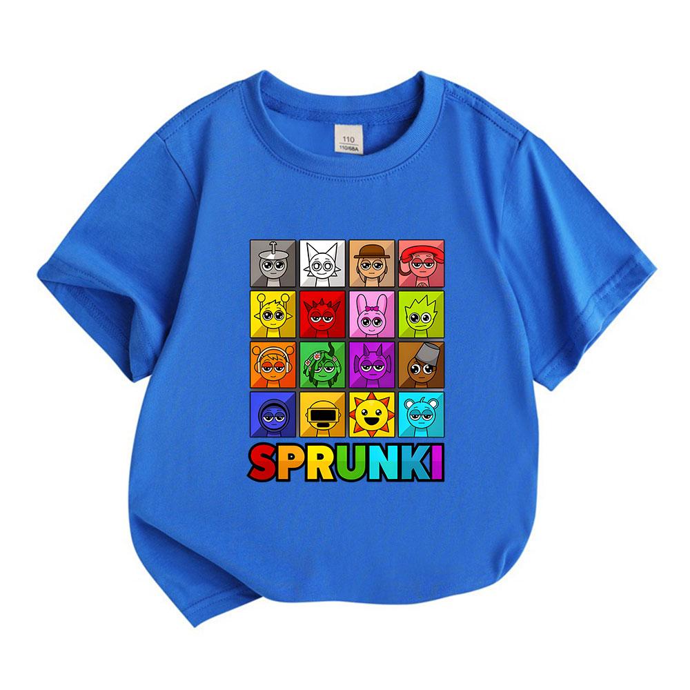 Kids Boys Girls 100% Cotton Short Sleeve O-Neck T-shirt Cute Sprunki Character Print Casual Soft Breathable Tee for Children Daily Wear Home School Gi