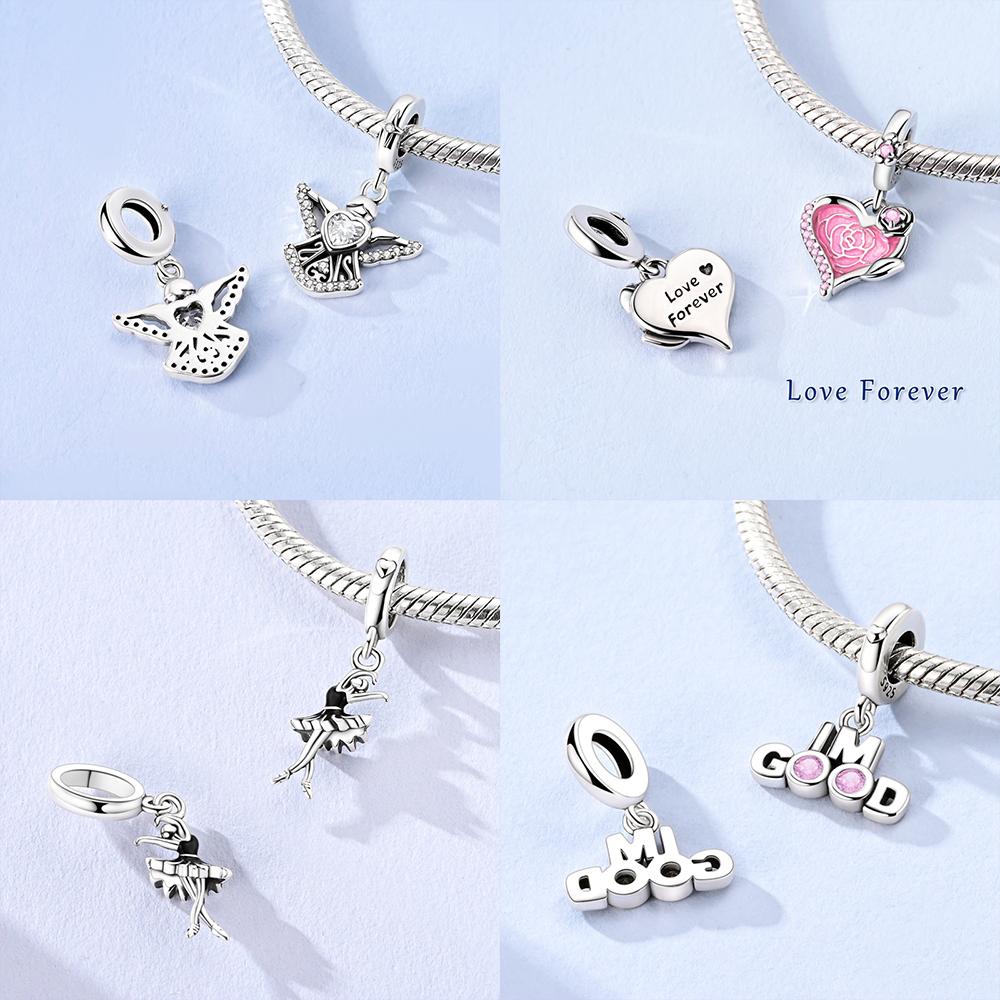 Rose Flower Pink Pendant Heart Green Zircon Wing Original Copper Bead Fit Bracelet Delicate Acessory Women Diy Gift Jewelry