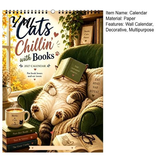Desk Calendar Cats Chillin' with Book 2027 Calendar, 12 Month Monthly Planner, Thick Appointment Paper Daily Planning Wall for Home Office And School